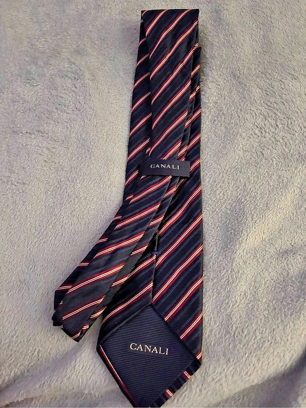 Canali Men's Silk Striped Tie in Black & Red Like New